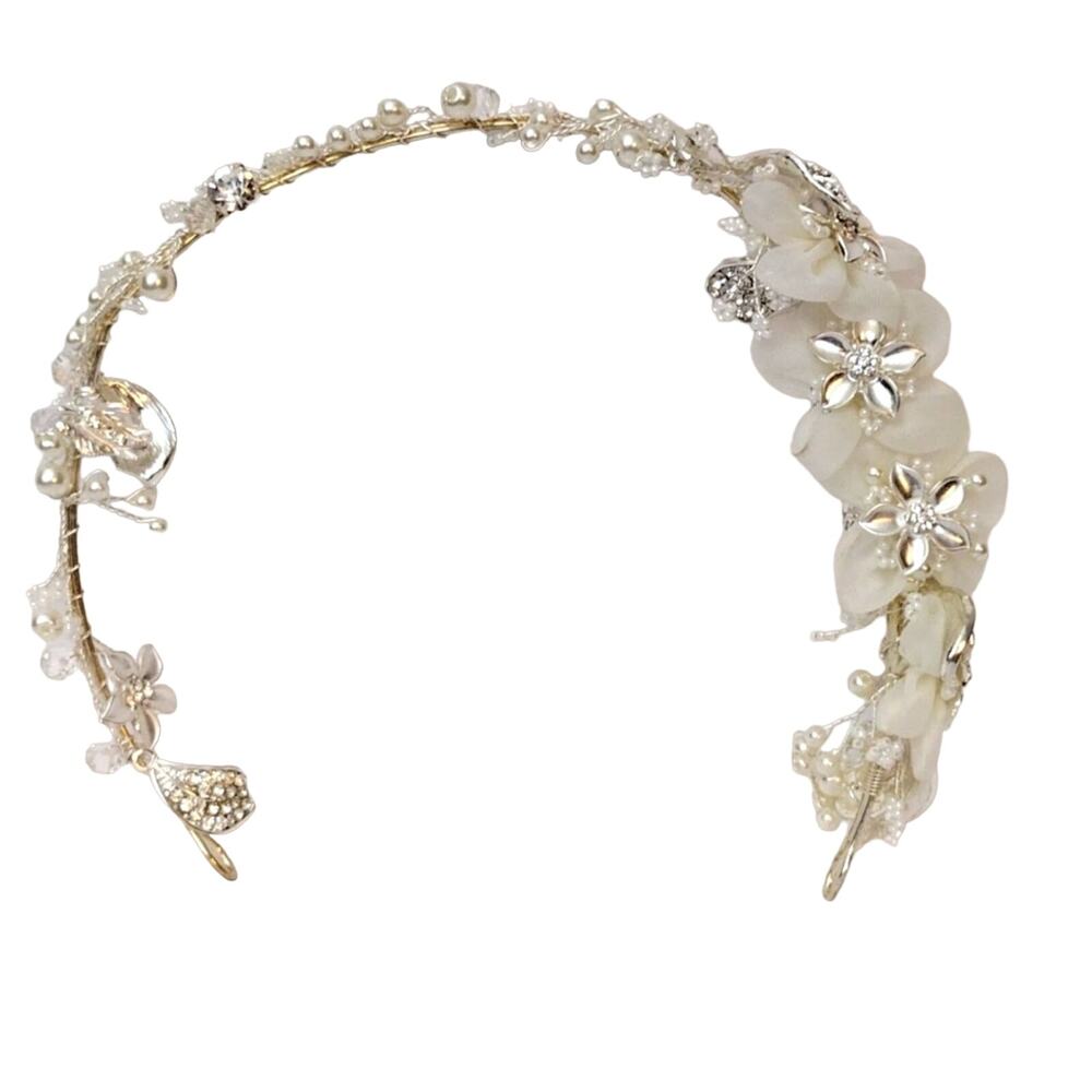 Bridal Floral Silver tone Metal Headband Rhinestone